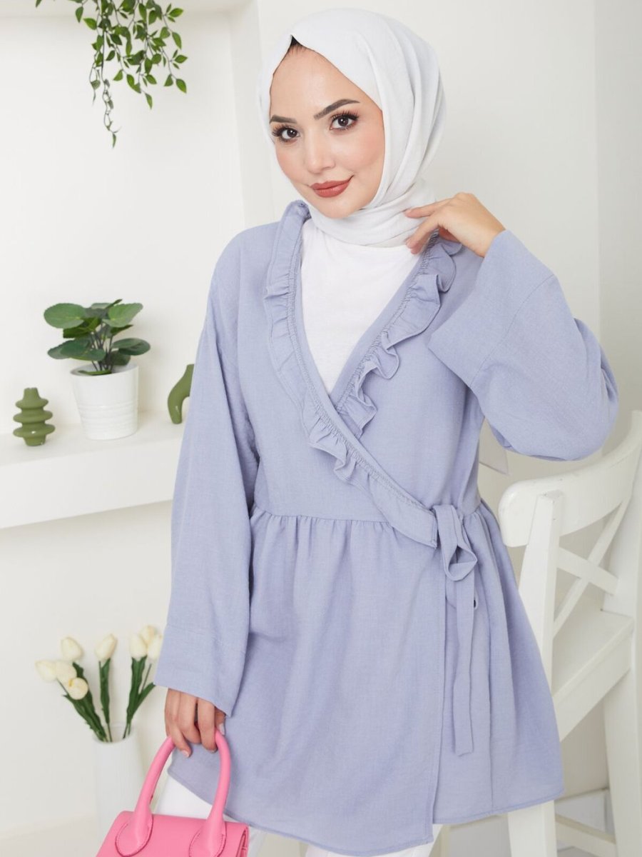 VOLT CLOTHİNG Gri Yaka Fırfırlı Bağlamalı Tunik