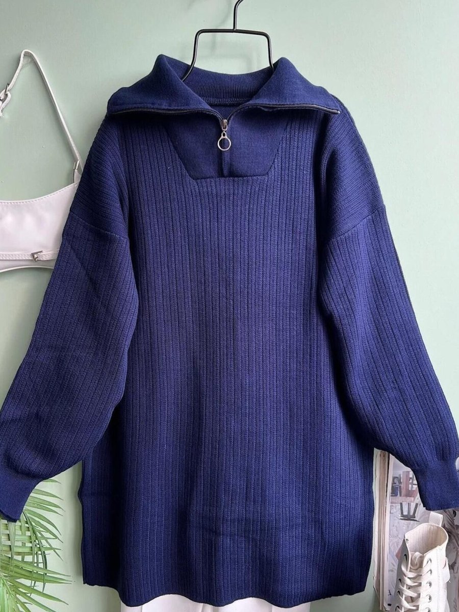 Nergis Neva Butik Lacivert Yakası Fermuarlı Kendınden Çizgili Tunik