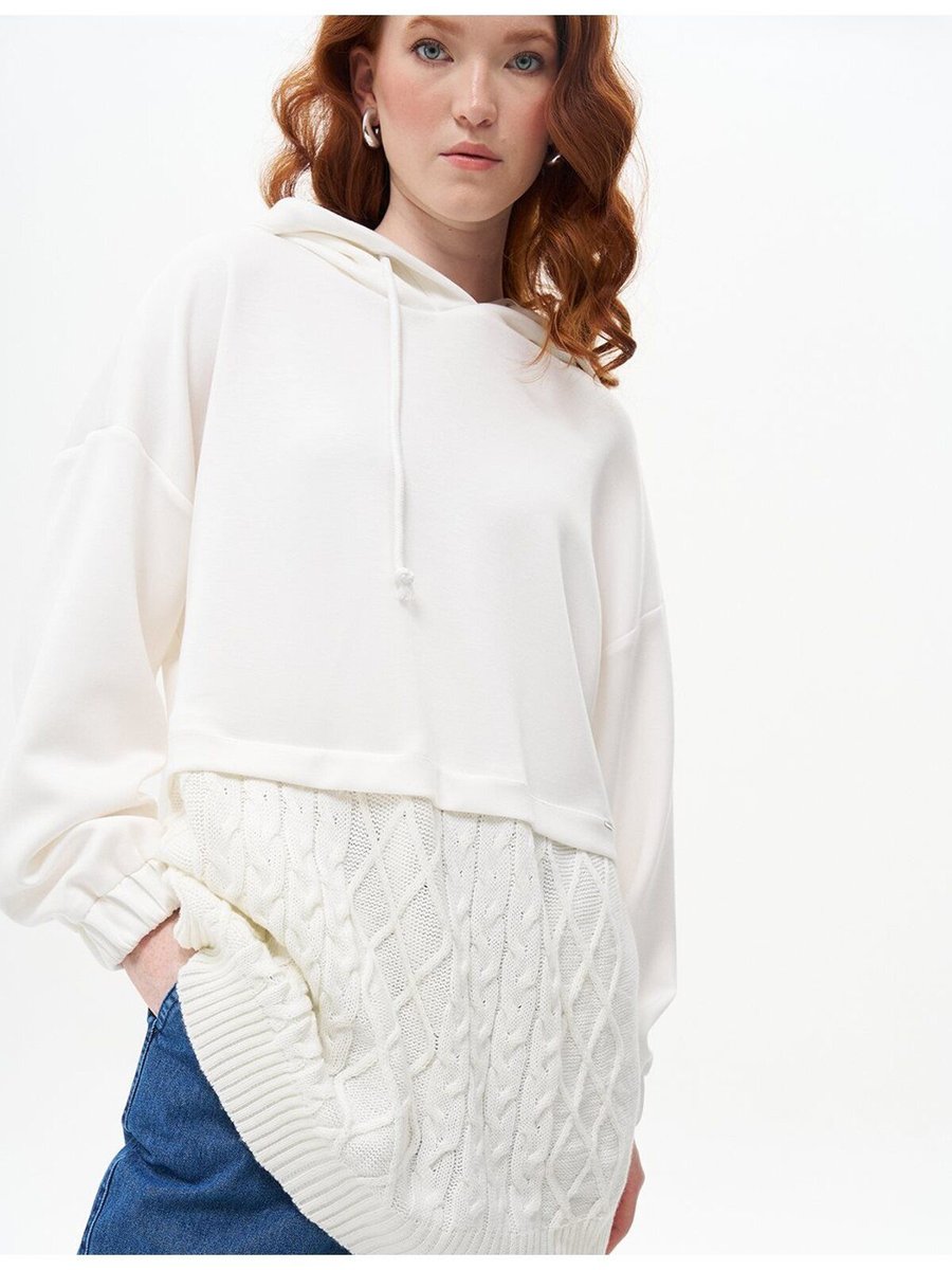 Kayra Triko Garnili Sweatshirt Ekru