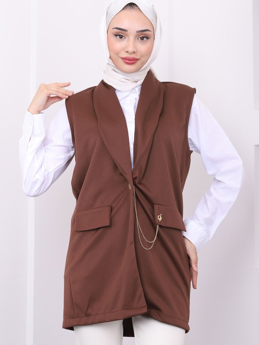 İmajbutik Kahverengi Zincir Detaylı Yelek