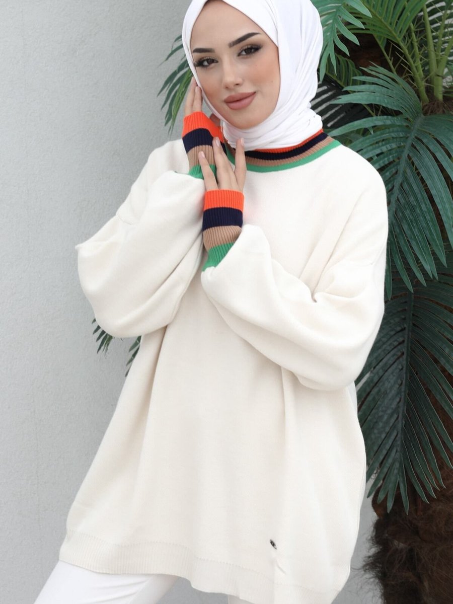 İmajbutik Krem Modest Balıkçı Yaka Balon Kol Triko Tunik