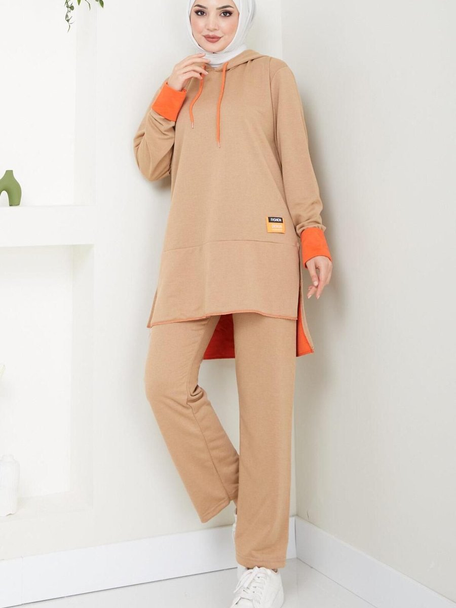 Hafsamina Neon Garnili Kapüşonlu Eşofman Takımı Camel