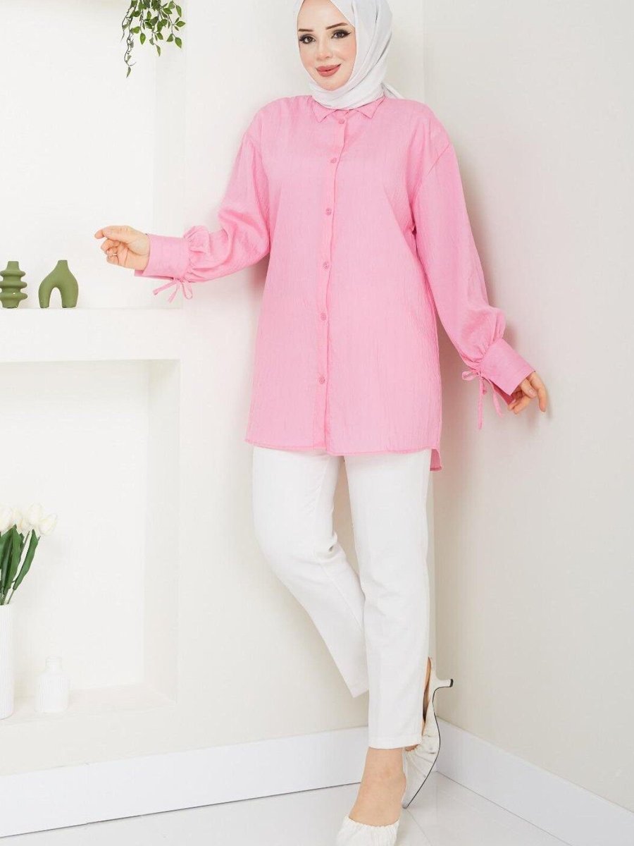Nergis Neva Butik Pembe Kendinden Çizgili Tunik