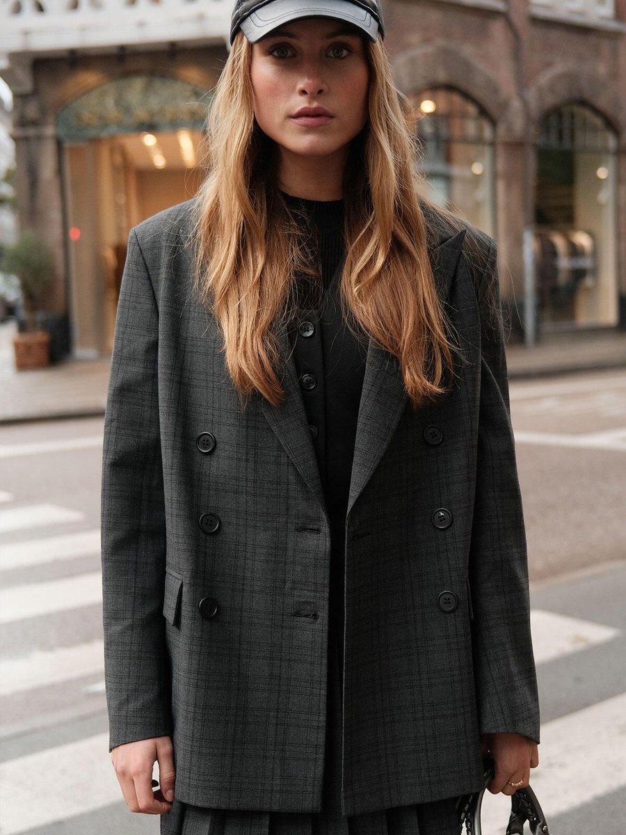 Manuka Oversize Kruvaze Blazer Ceket Ekose