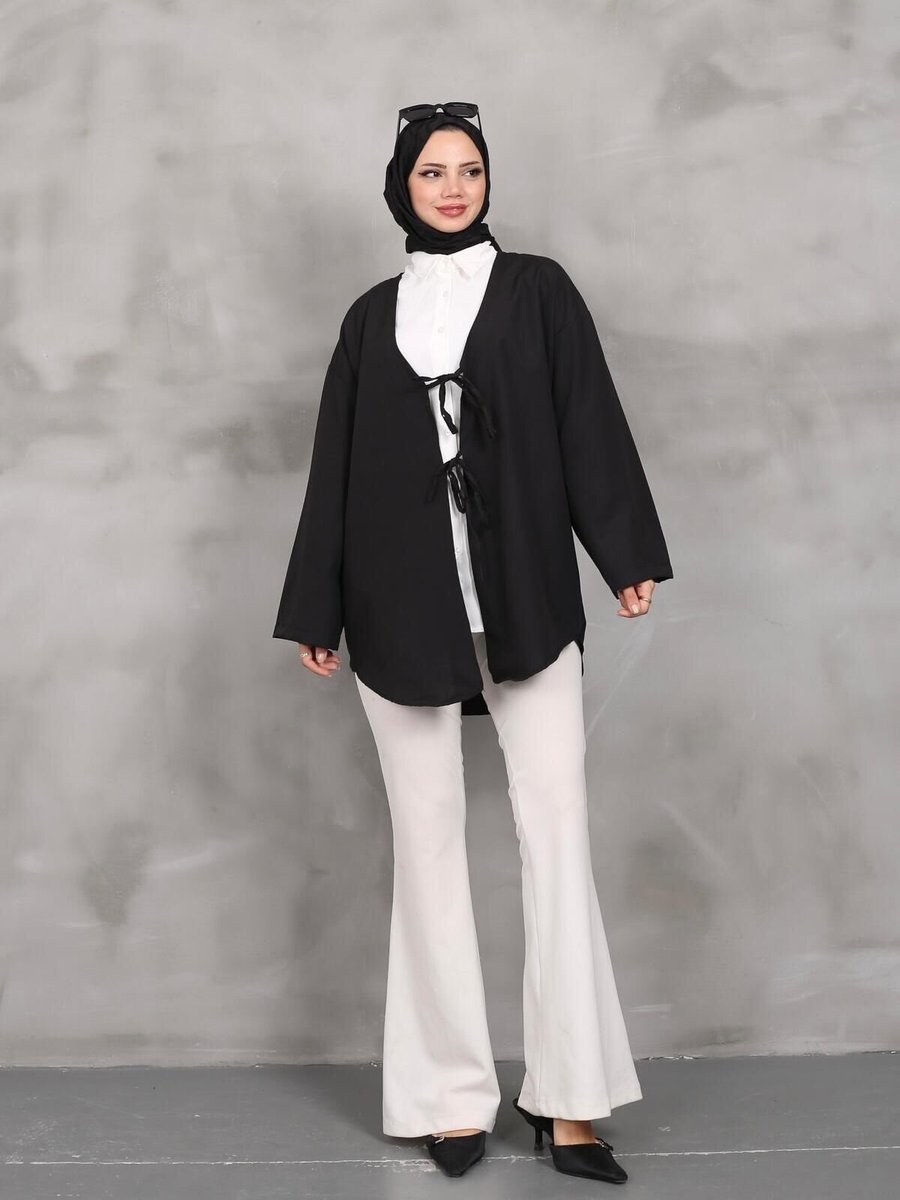 Nergis Neva Butik Siyah Önü Bağlamalı Kimono Tunik