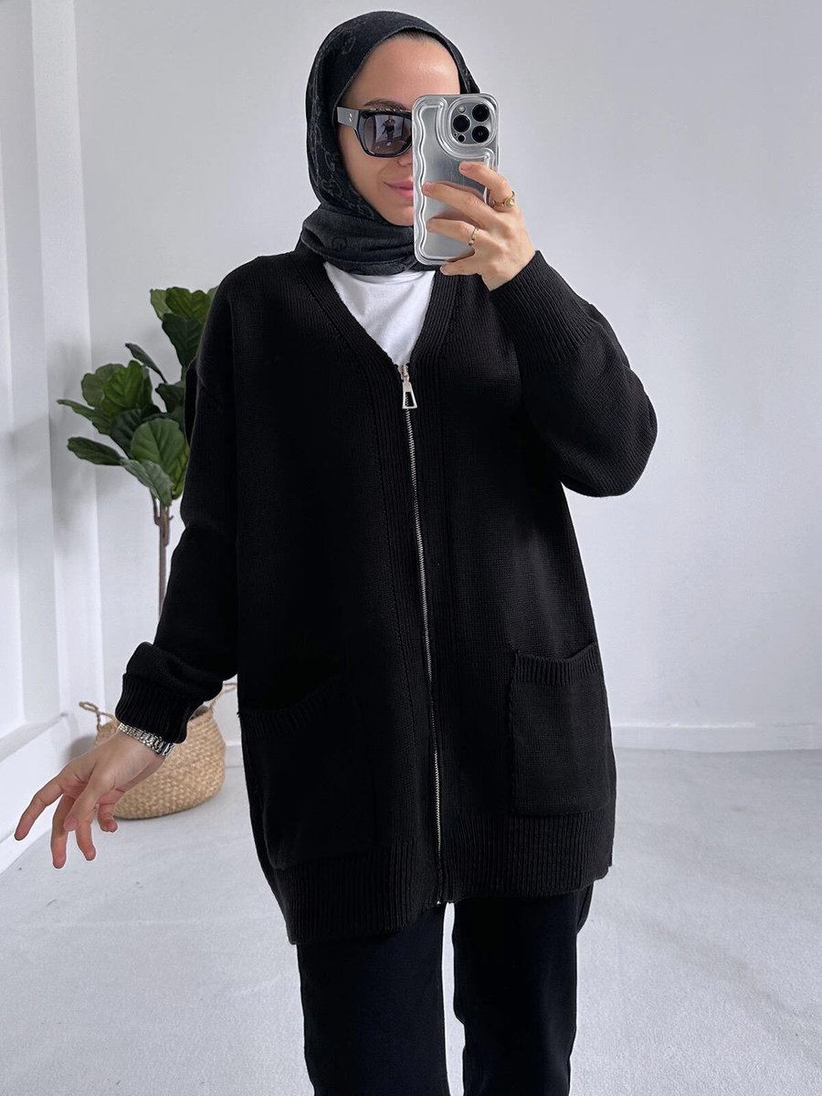 Ka Hijab Cepli Fermuarlı Triko Hırka Siyah