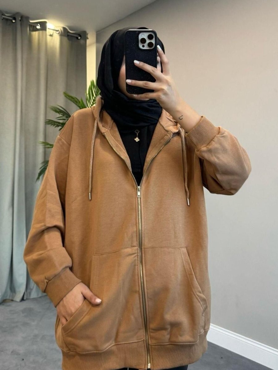 Şule Giyim Fermuarlı Kapüşonlu Sweat Camel