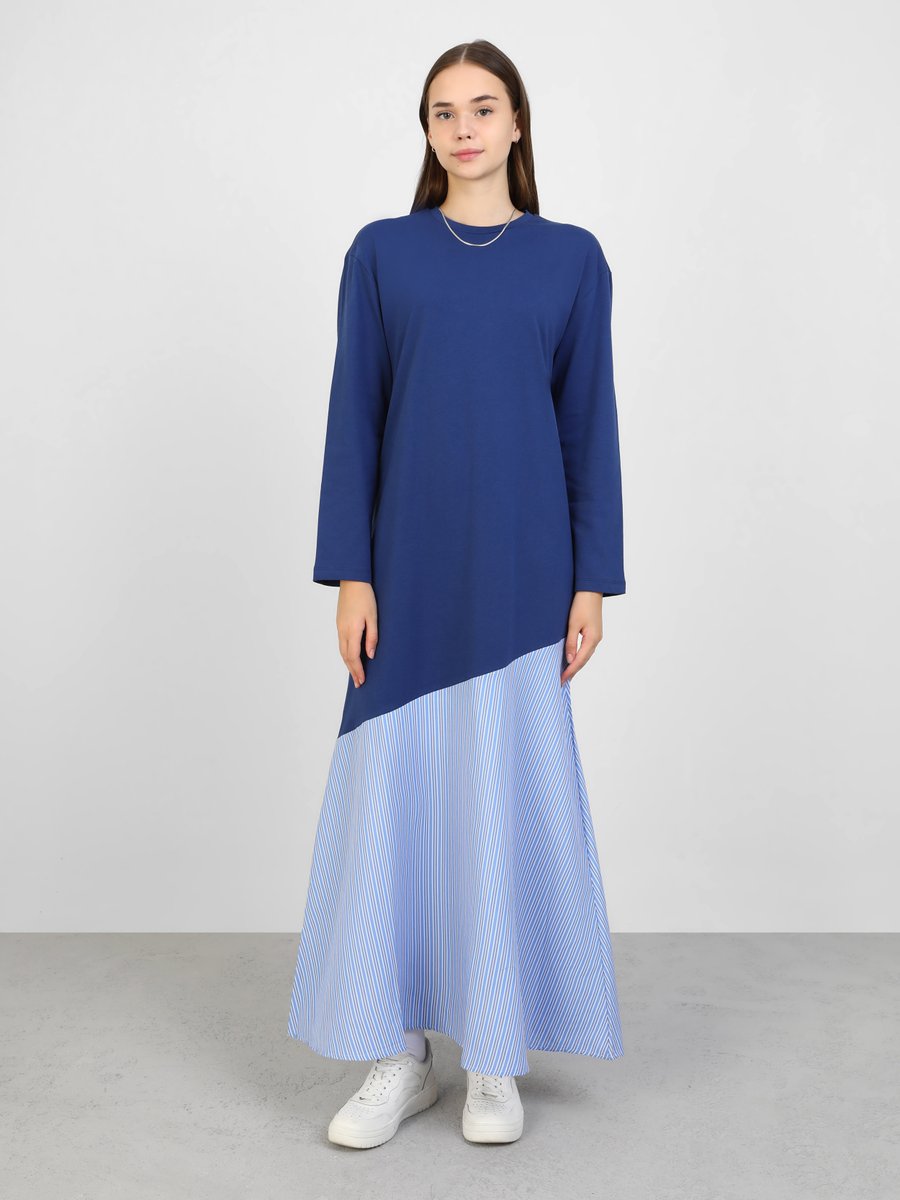 Benin Lacivert Çizgi Detaylı Colorblock Elbise