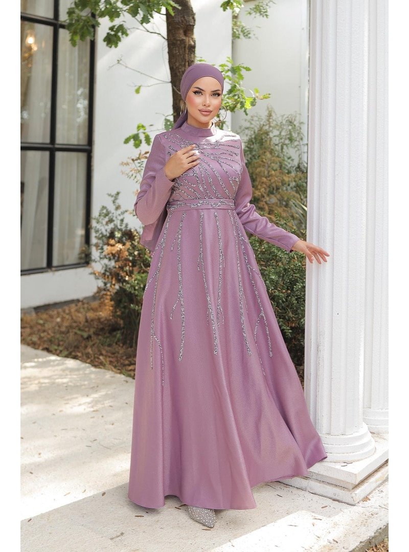 Hakimoda Lila Karsu Krep Saten Abiye Elbise