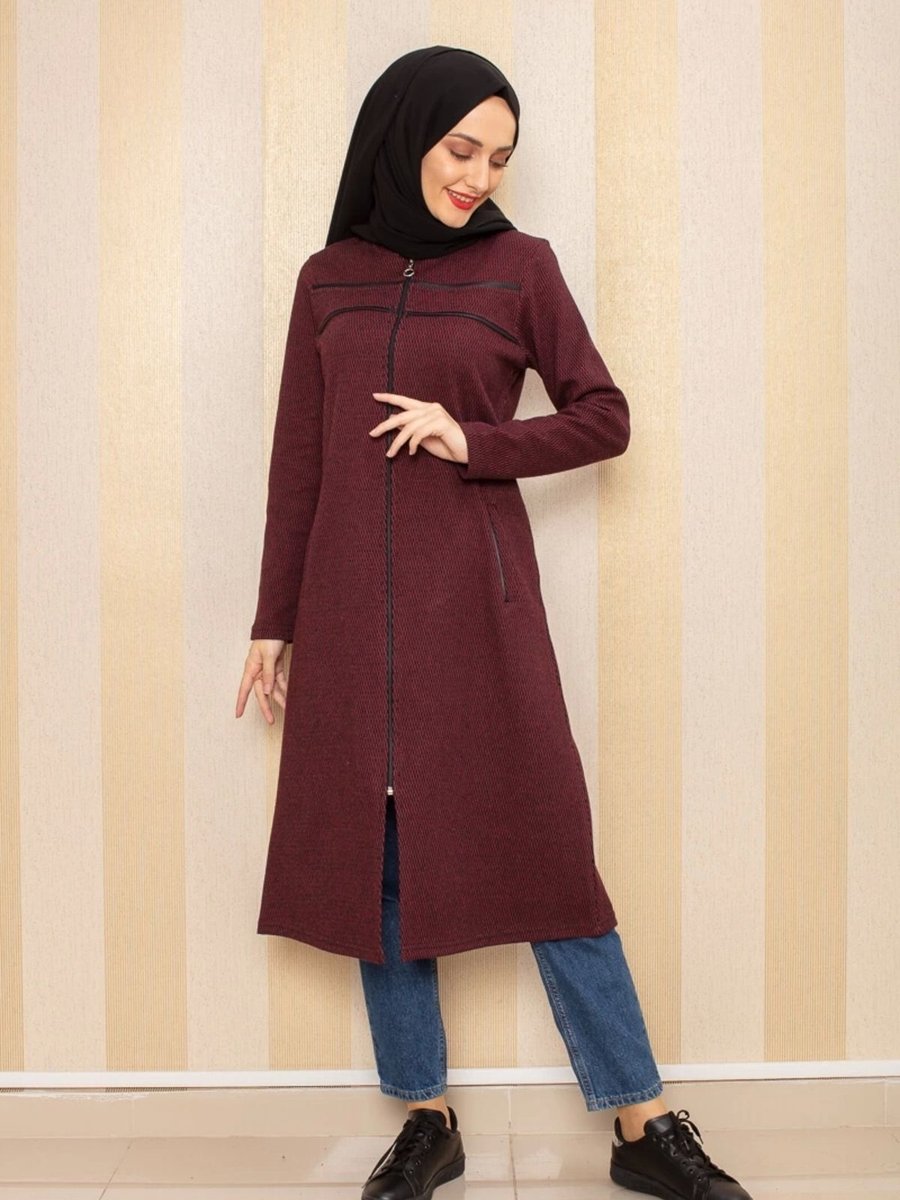 Moda Çizgi Cepli Kap Bordo