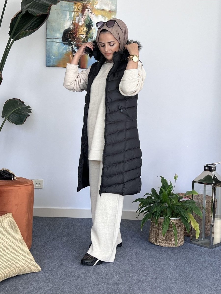 Asel Fashion Kapüşonlu Kürklü Şişme Yelek Siyah