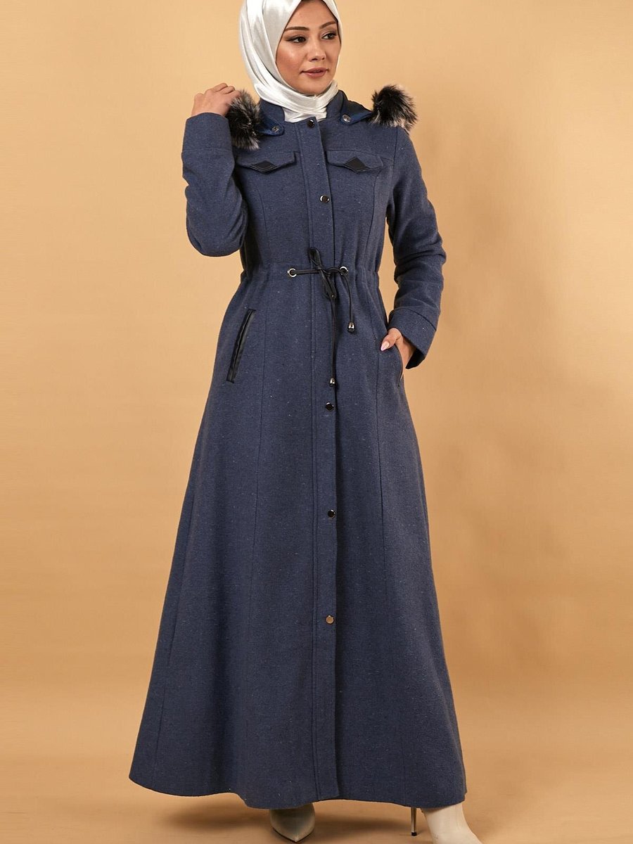 Modamihram İndigo Deri Detaylı Kapüşonlu Kaşe Kaban Modamihram İndigo Deri Detaylı Kapüşonlu Kaşe Kaban