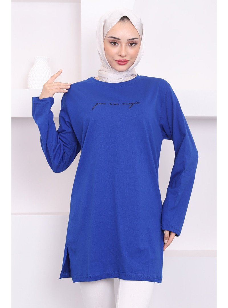 İmaj Butik Saks Mavisi Baskılı Uzun Kol Penye Tunik