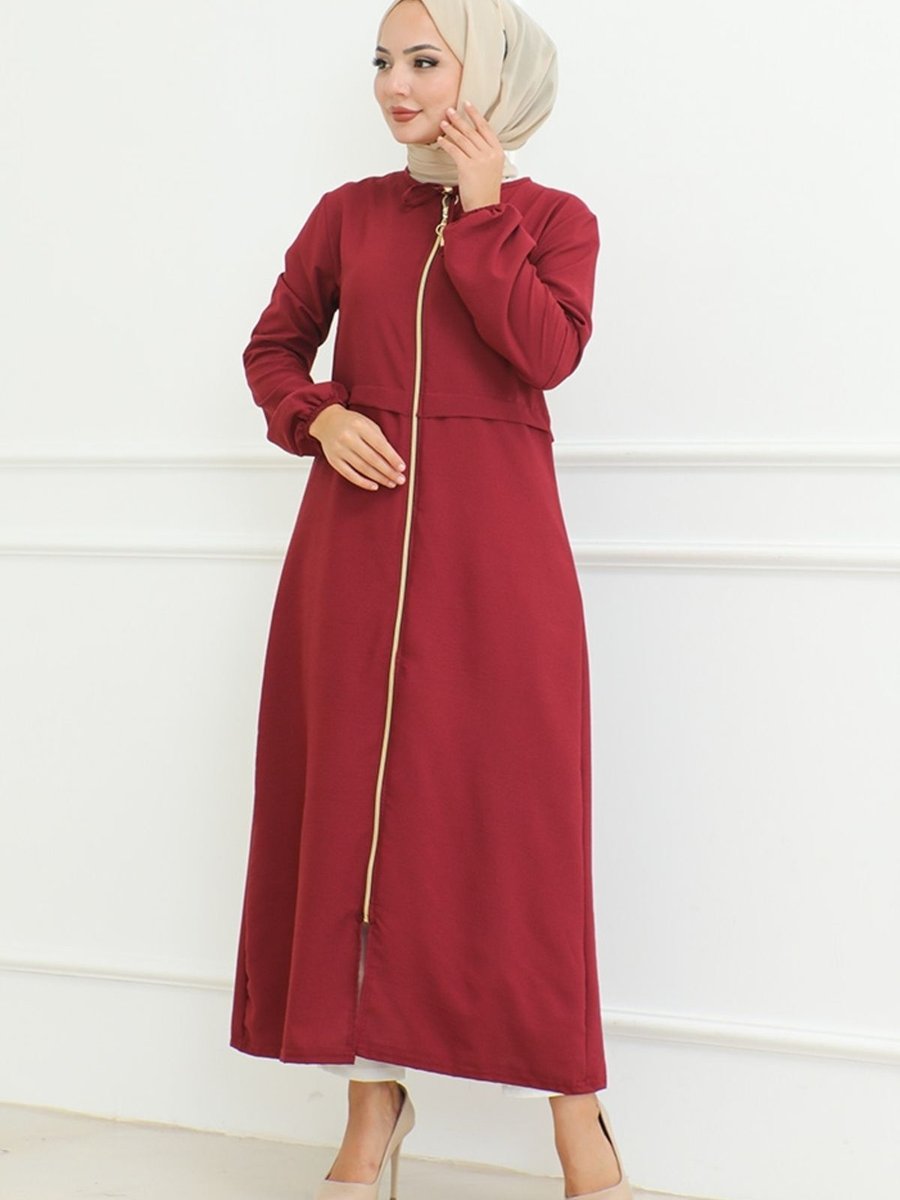 Bestenur Baler Boydan Fermuarlı Ferace Bordo