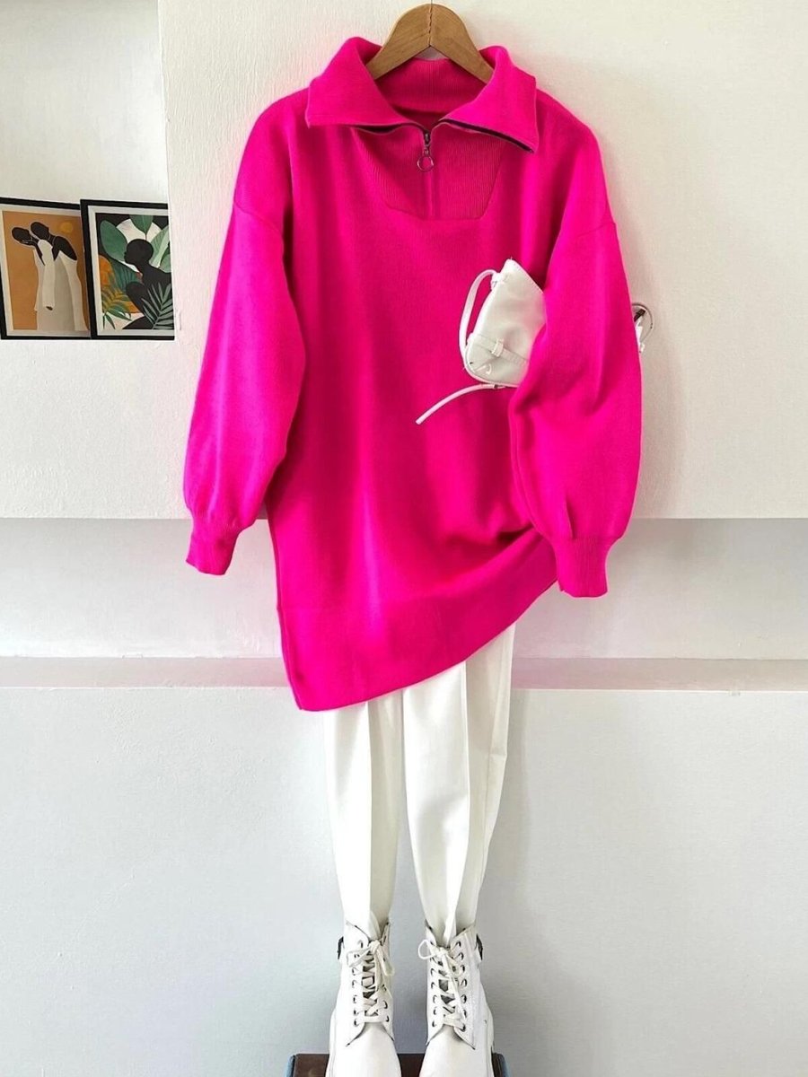 Nergis Neva Butik Fuşya Yaka Fermuarlı Triko Tunik