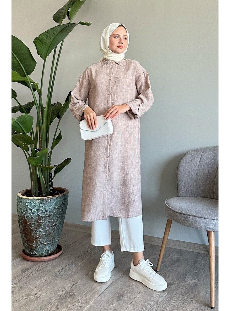 InStyle Keten Cepli Uzun Bej Salaş Gömlek