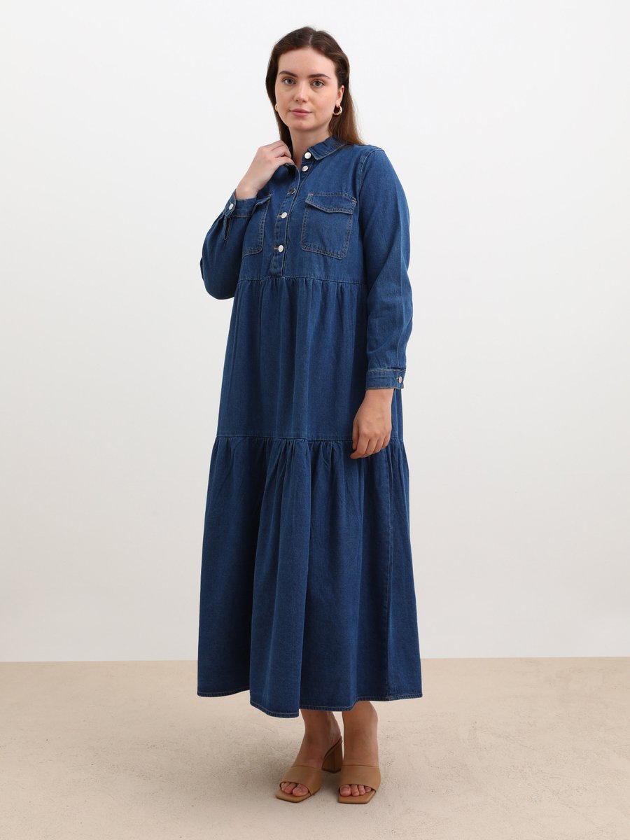 Alia Lacivert Büyük Beden Denim Elbise