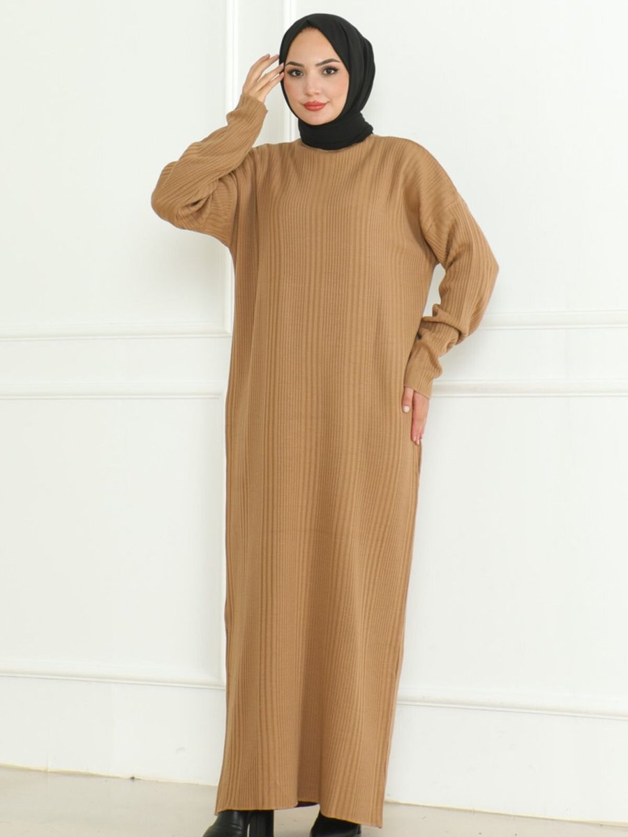 QLAY Camel Dokulu Triko Elbise