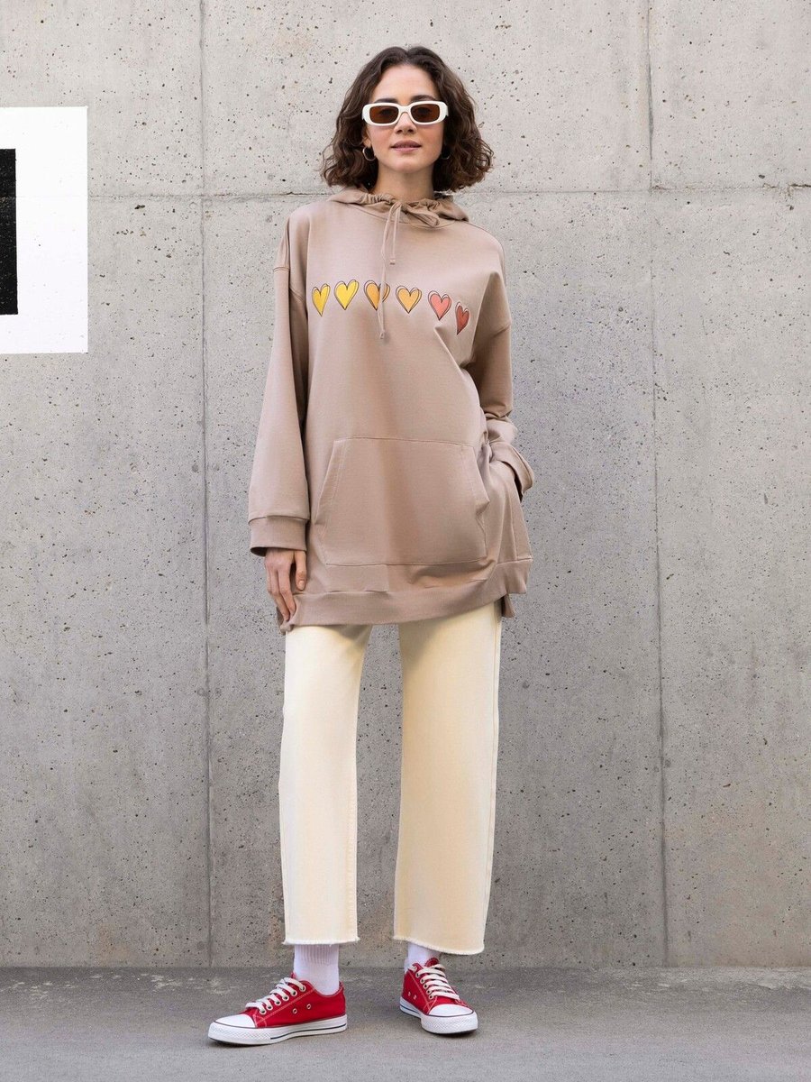 Benin Pamuklu Baskılı Sweatshirt Açık Vizon