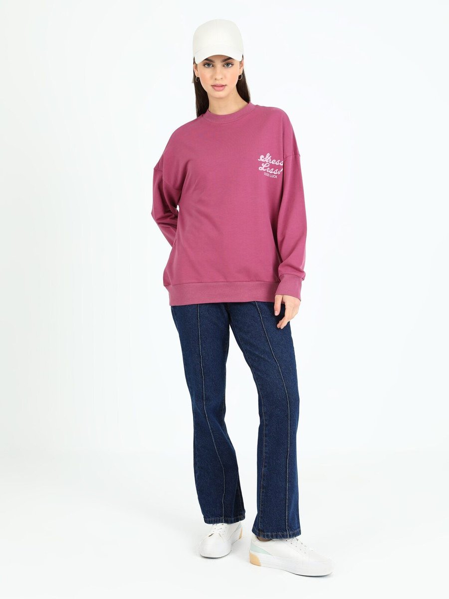 Benin Baskılı İki İplik Pamuklu Sweatshirt Koyu Lavanta