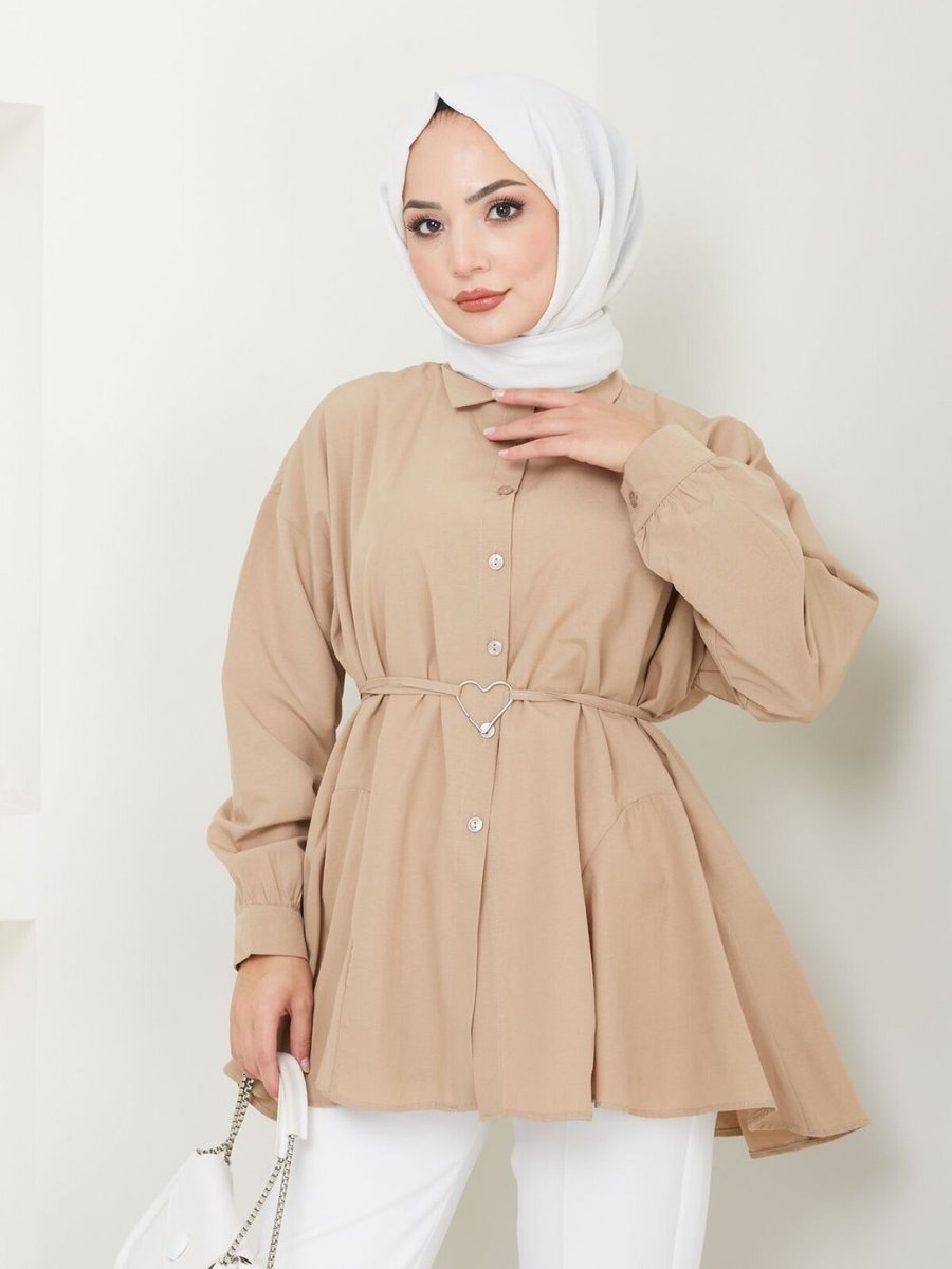 VOLT CLOTHİNG Bej Gömlek Yaka Kalp Detaylı Tunik