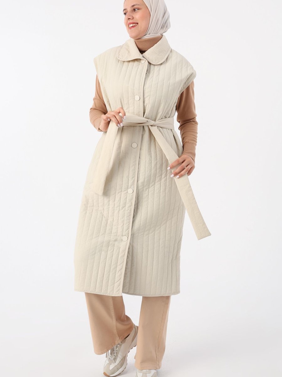 Allday Bej Oversize Çıtçıtlı Dikey Çizgi Uzun Kapitone Yelek
