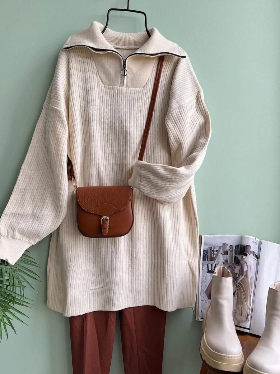 Nergis Neva Butik Beyaz Yakası Fermuarlı Kendınden Çizgili Tunik