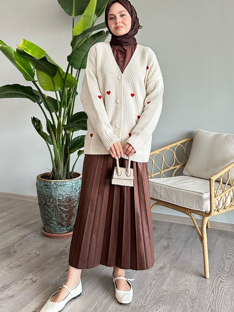 Instyle Kalp Desenli Ekru Triko Hırka