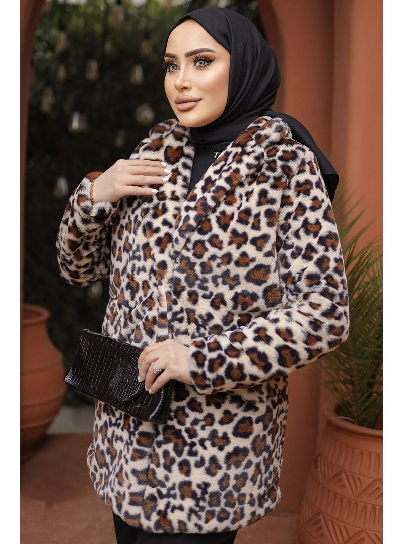InStyle Ekru Desenli İçi Astarlı Peluş Mont