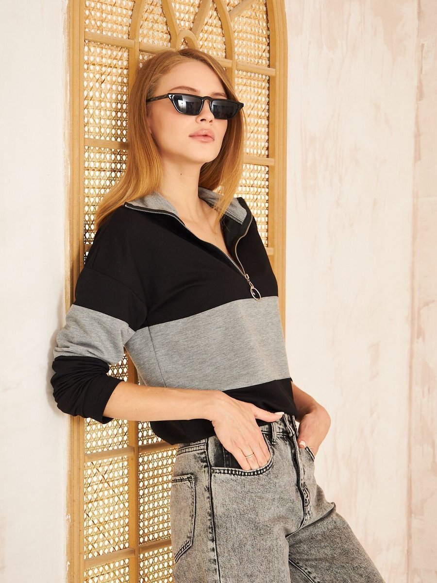 Pasaklı Giyim Siyah Gri Uzun Kol Fermuarlı Polo Yaka Color Block Basic Salaş Bluz Sweatshirt