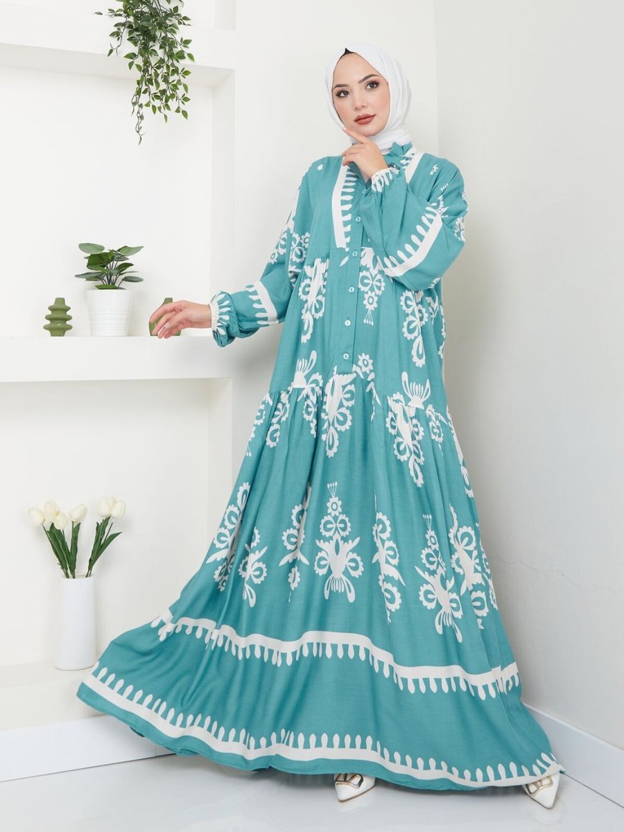 VOLT CLOTHİNG Yeşil Etnik Desenli Elbise