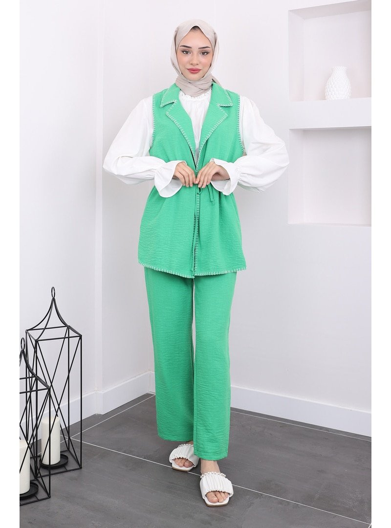 İmaj Butik Yeşil Bluz Yelek Pantolon Üçlü Takım