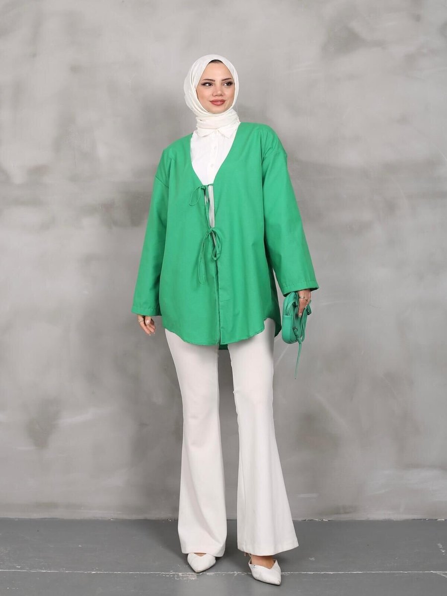 Nergis Neva Butik Yeşil Önü Bağlamalı Kimono Tunik
