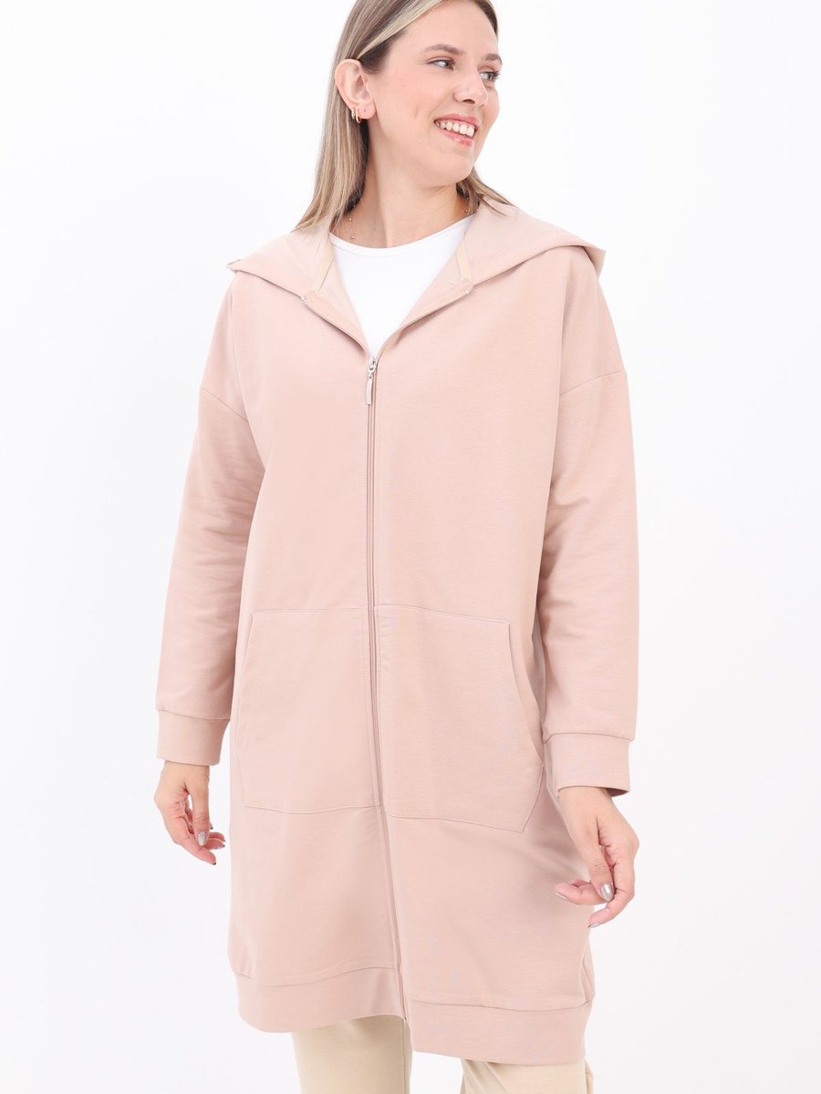 Allday Koyu Bej Kapüşonlu Fermuarlı Sweat Hırka