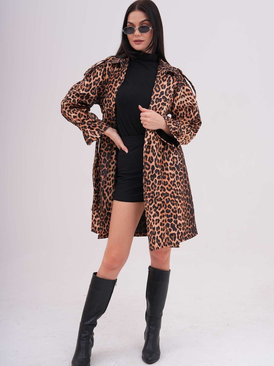 Vovstyle Leopar Desenli Kuşaklı Düğmeli Trençkot