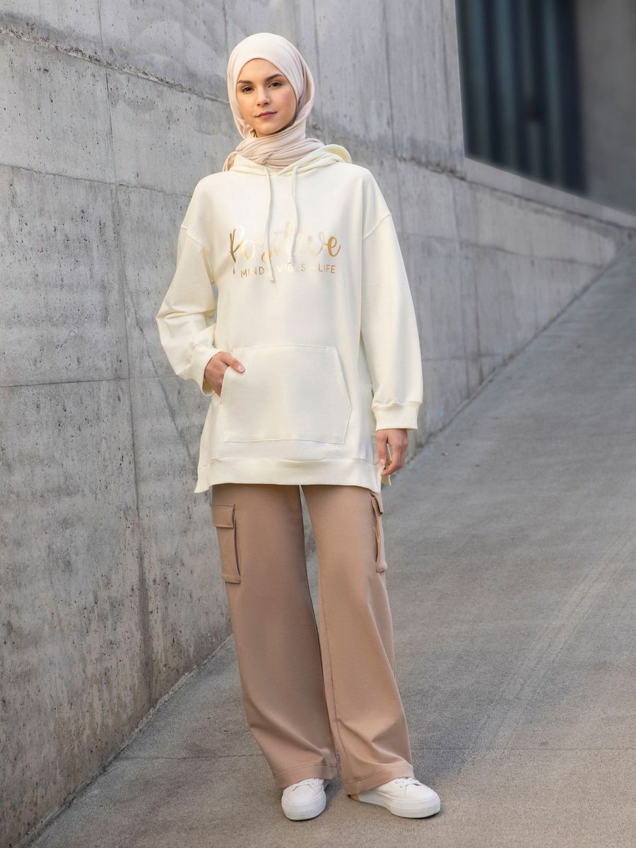 Benin Pamuklu Baskılı Sweatshirt Kırık Beyaz