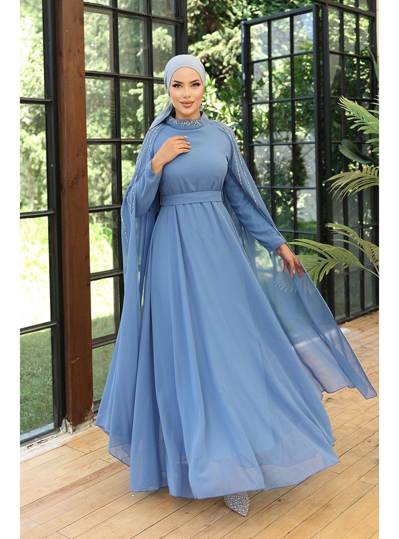 Hakimoda Açık Mavi Laren Şifon Abiye Elbise