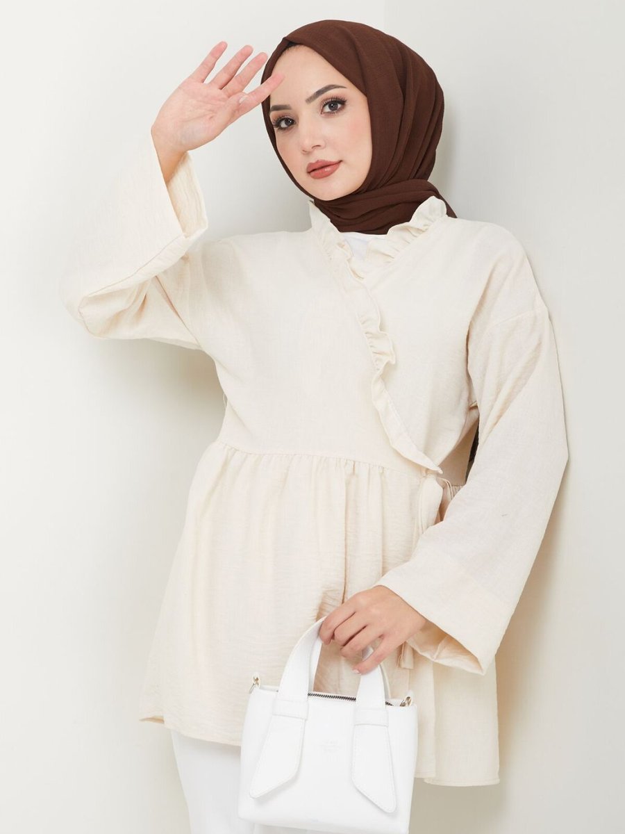 VOLT CLOTHİNG Bej Yaka Fırfırlı Bağlamalı Tunik