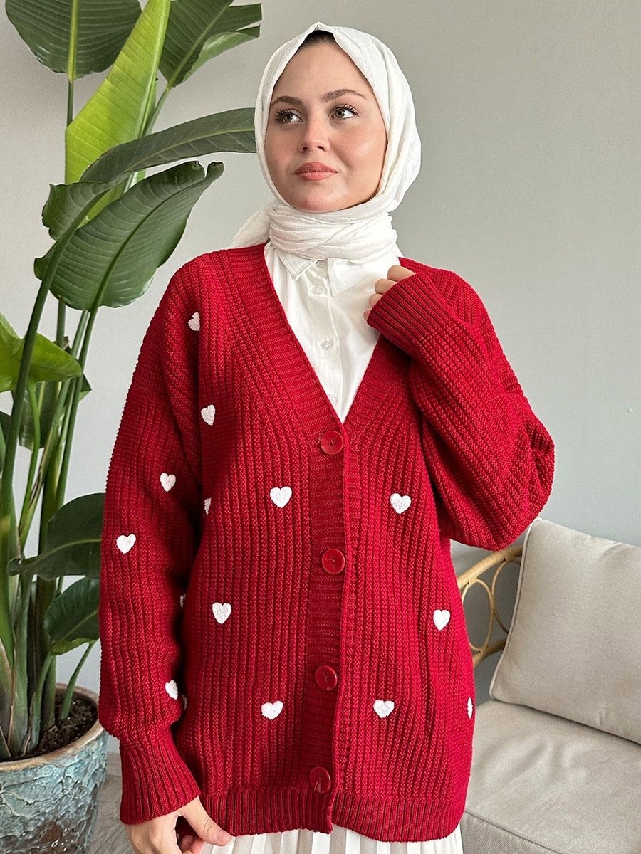 Instyle Kalp Desenli Kırmızı Triko Hırka
