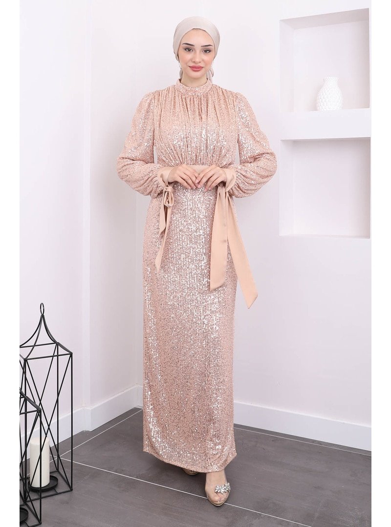 İmaj Butik Pudra Kol Bağlamalı Pul Payetli Abiye Elbise