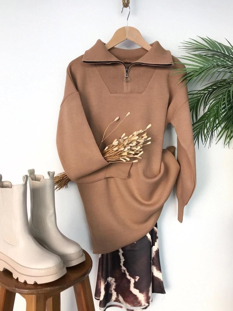Nergis Neva Butik Vizon Yaka Fermuarlı Tunik