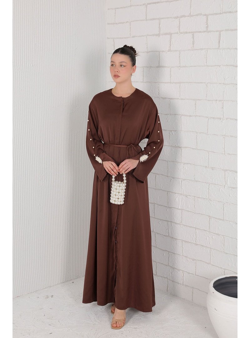 Melike Tatar Kahverengi Kolu İncili Abaya