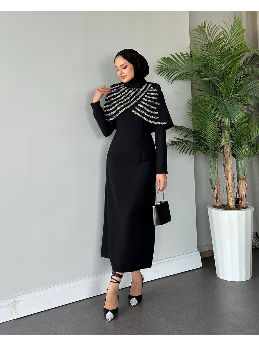Adalenna Moda Özel Tasarım Taşlı Pelerin Abiye Elbise