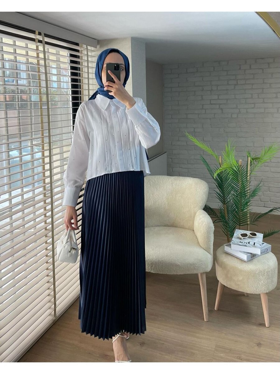 Miraydin Butik Etek Üstü Taş Detaylı Tasarım Beyaz Gömlek