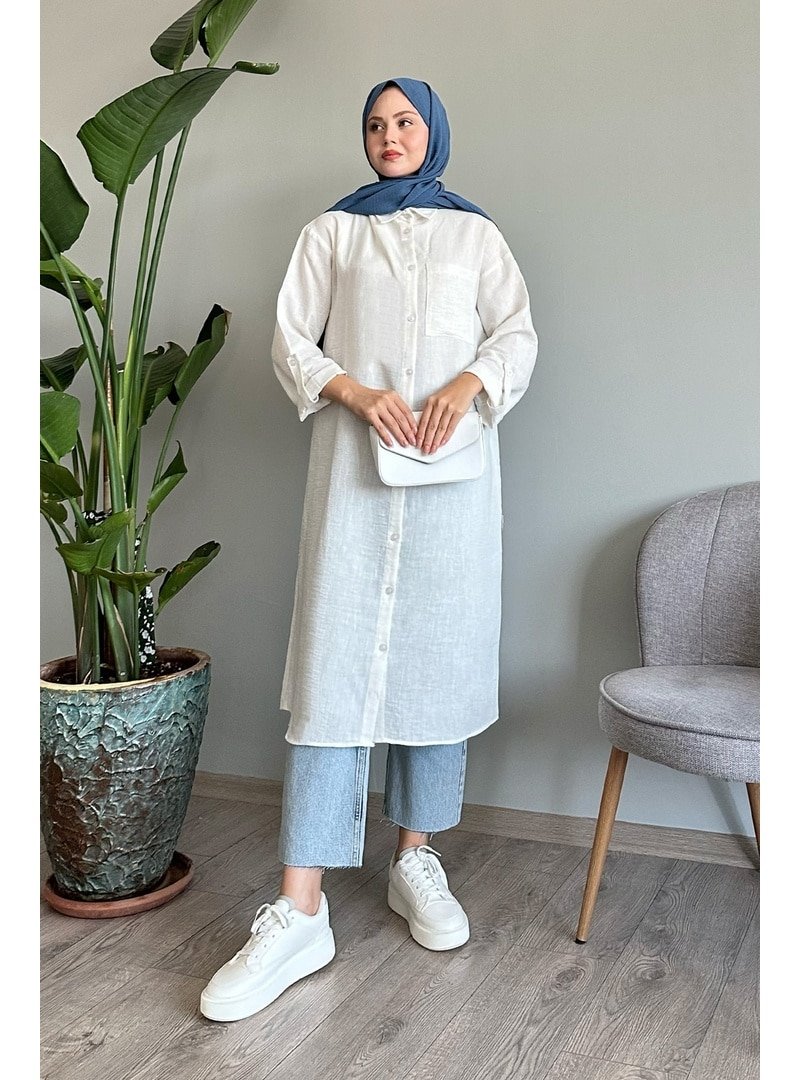 InStyle Keten Cepli Uzun Beyaz Salaş Gömlek