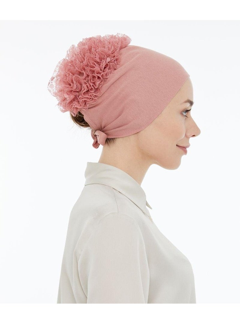 İhvan Dikişsiz Kaymaz Güpür Fırfırlı Bone Pembe