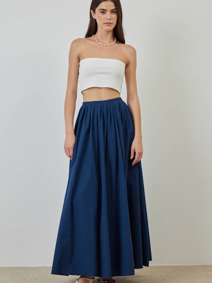 Hooopstore A Kesim Pileli Lacivert Poplin Etek
