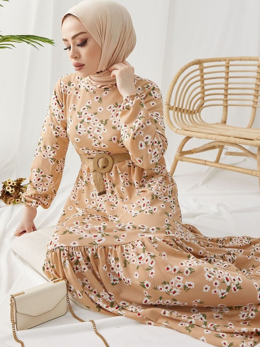 Instyle Lesa Çiçekli Hasır Kemerli Elbise Bej