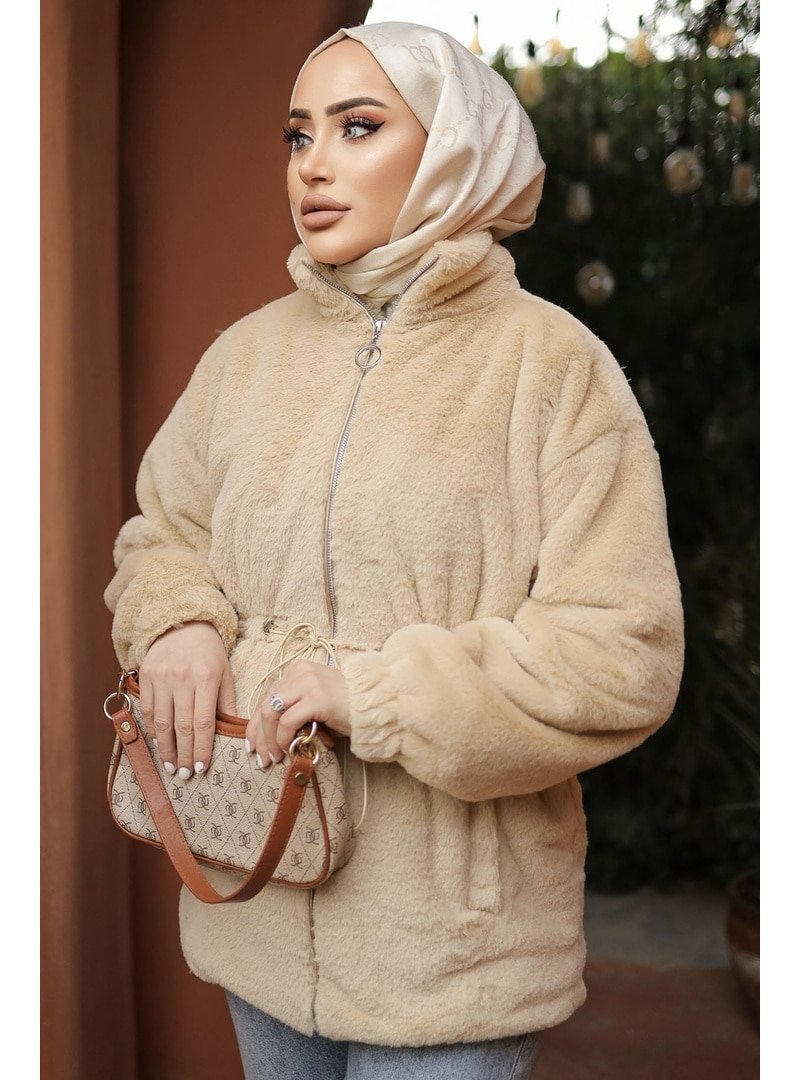 InStyle Bej Tünel Bağcıklı İçi Astarlı Peluş Mont