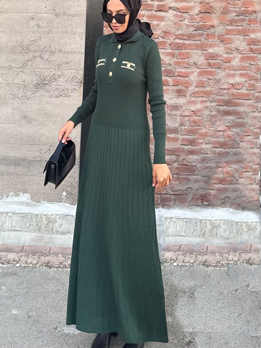 QLAY Yeşil Kamel Dügmeli Fitilli Elbise
